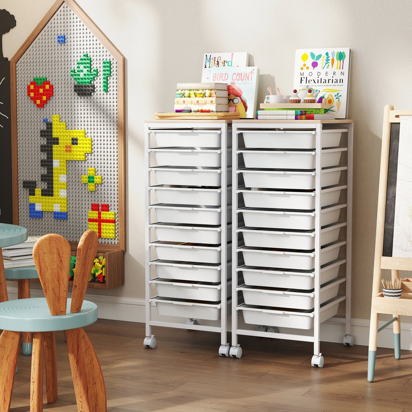 10-Drawer Rolling Storage Cart Mobile Utility Organizer with Wooden Tabletop and Lockable Wheels, White File Cabinets at Gallery Canada
