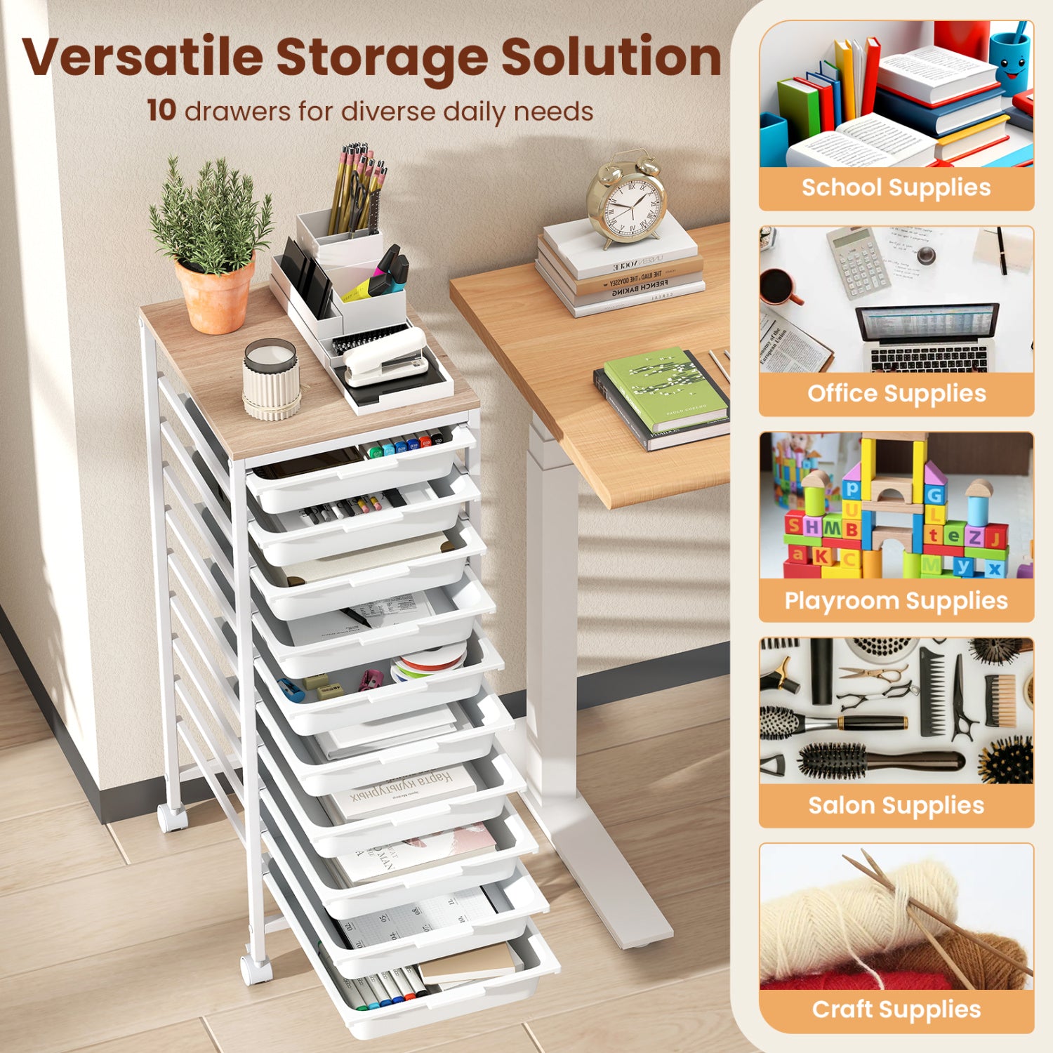 10-Drawer Rolling Storage Cart Mobile Utility Organizer with Wooden Tabletop and Lockable Wheels, White File Cabinets at Gallery Canada