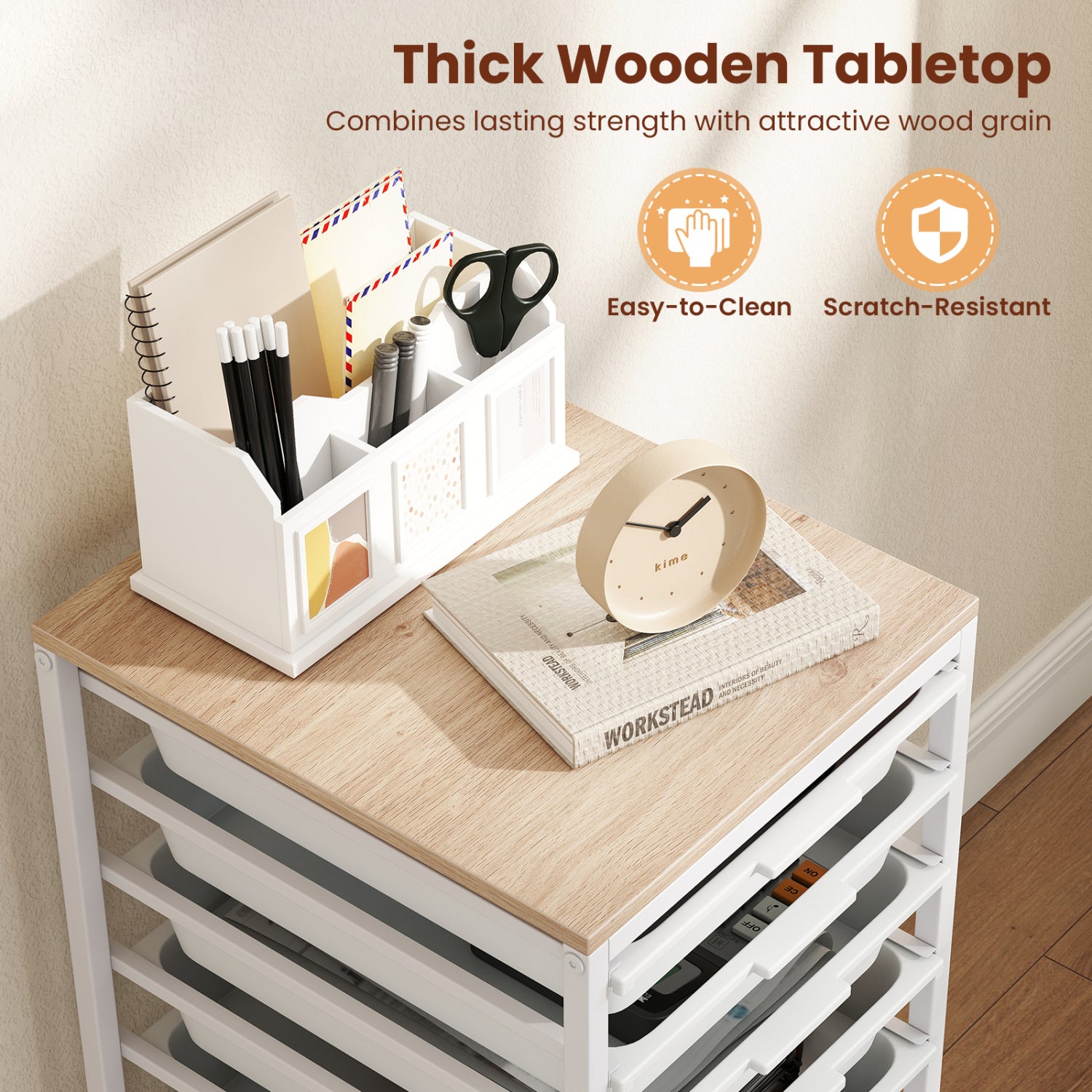 10-Drawer Rolling Storage Cart Mobile Utility Organizer with Wooden Tabletop and Lockable Wheels, White File Cabinets at Gallery Canada