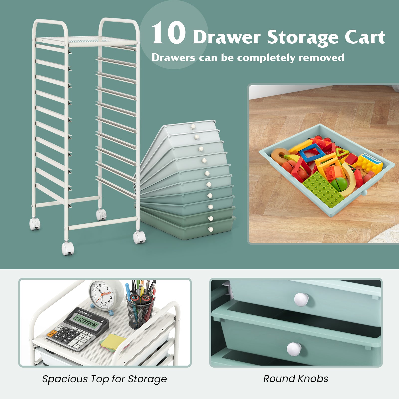 10 Drawer Rolling Storage Cart Organizer, Green File Cabinets at Gallery Canada