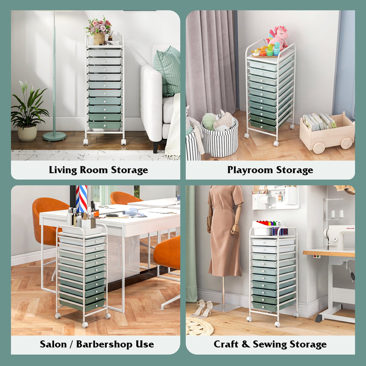 10 Drawer Rolling Storage Cart Organizer, Green File Cabinets at Gallery Canada