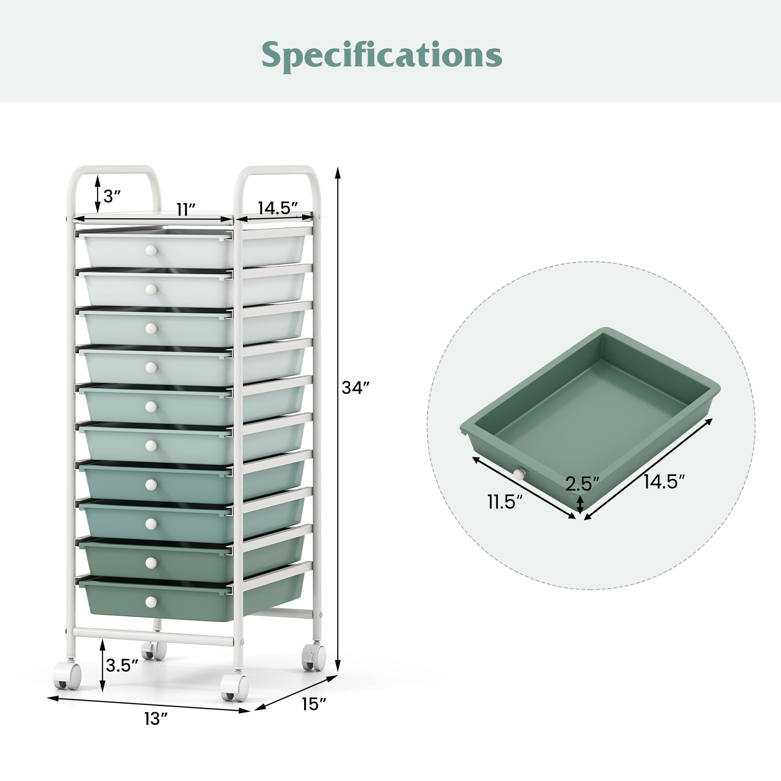 10 Drawer Rolling Storage Cart Organizer, Green File Cabinets at Gallery Canada