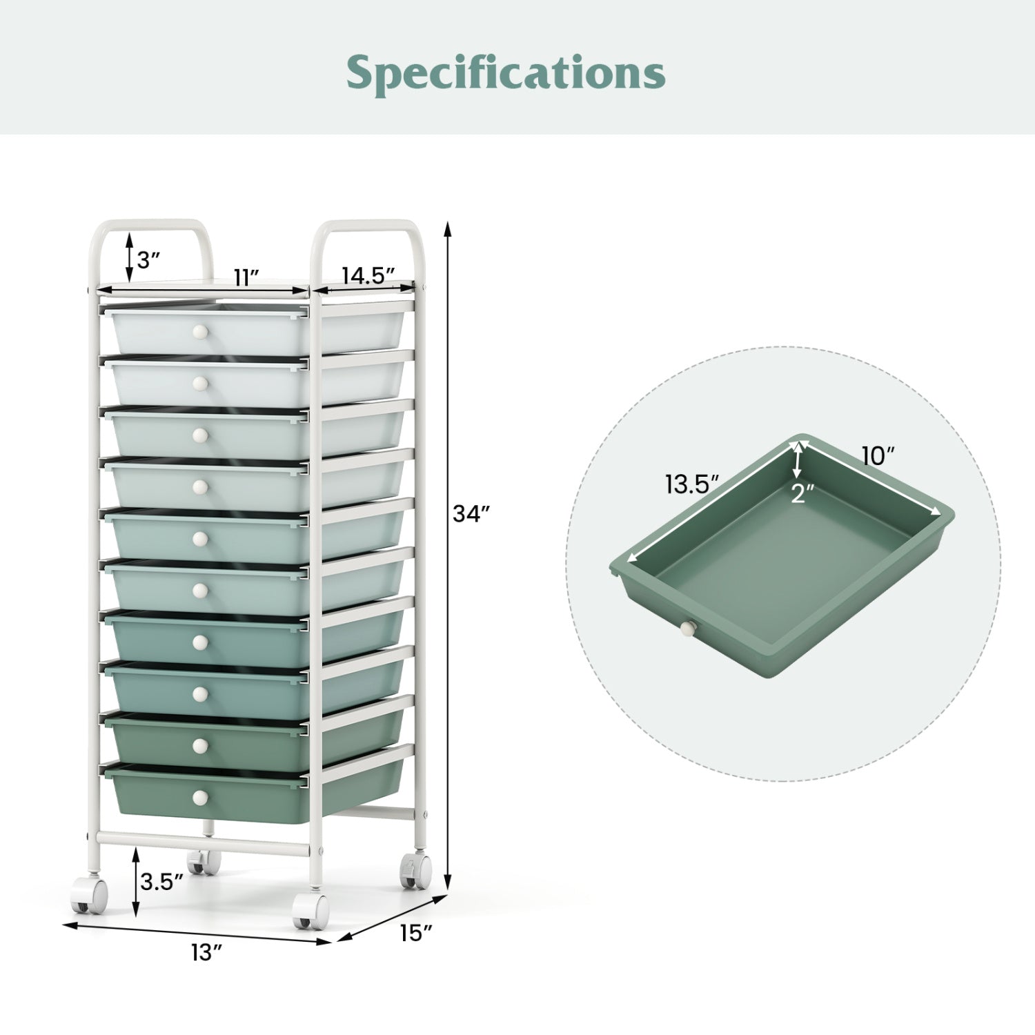 10 Drawer Rolling Storage Cart Organizer, Green File Cabinets at Gallery Canada