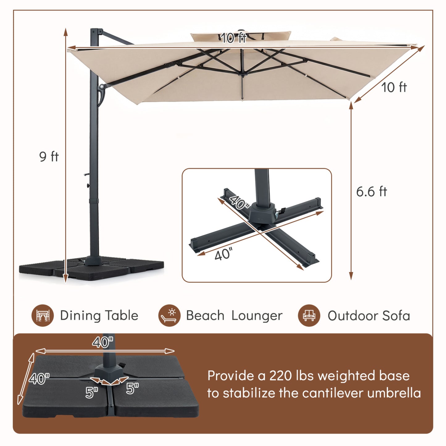10 FT Aluminum Pole Patio Cantilever Umbrella with 220 LBS Base, Beige Outdoor Umbrellas at Gallery Canada