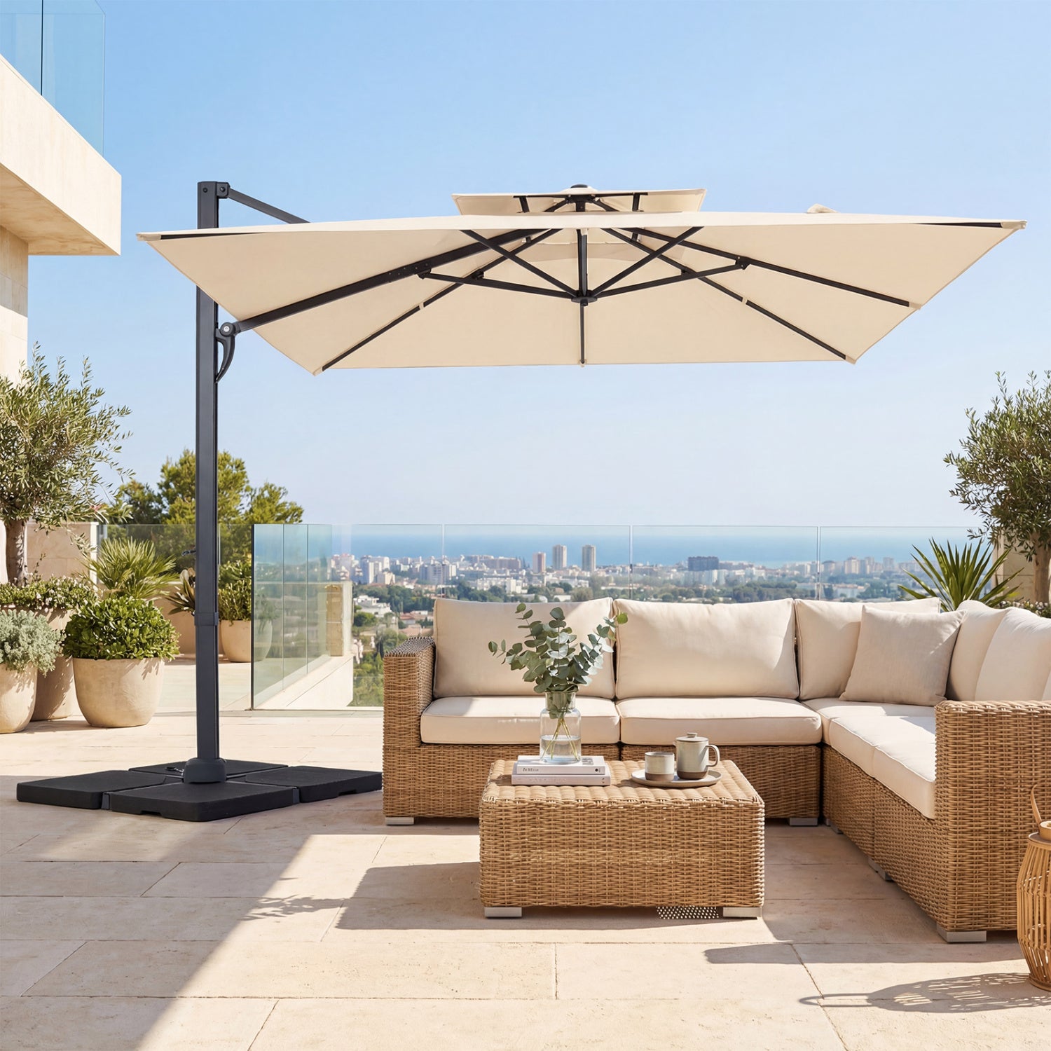 10 FT Aluminum Pole Patio Cantilever Umbrella with 220 LBS Base, Beige Outdoor Umbrellas at Gallery Canada