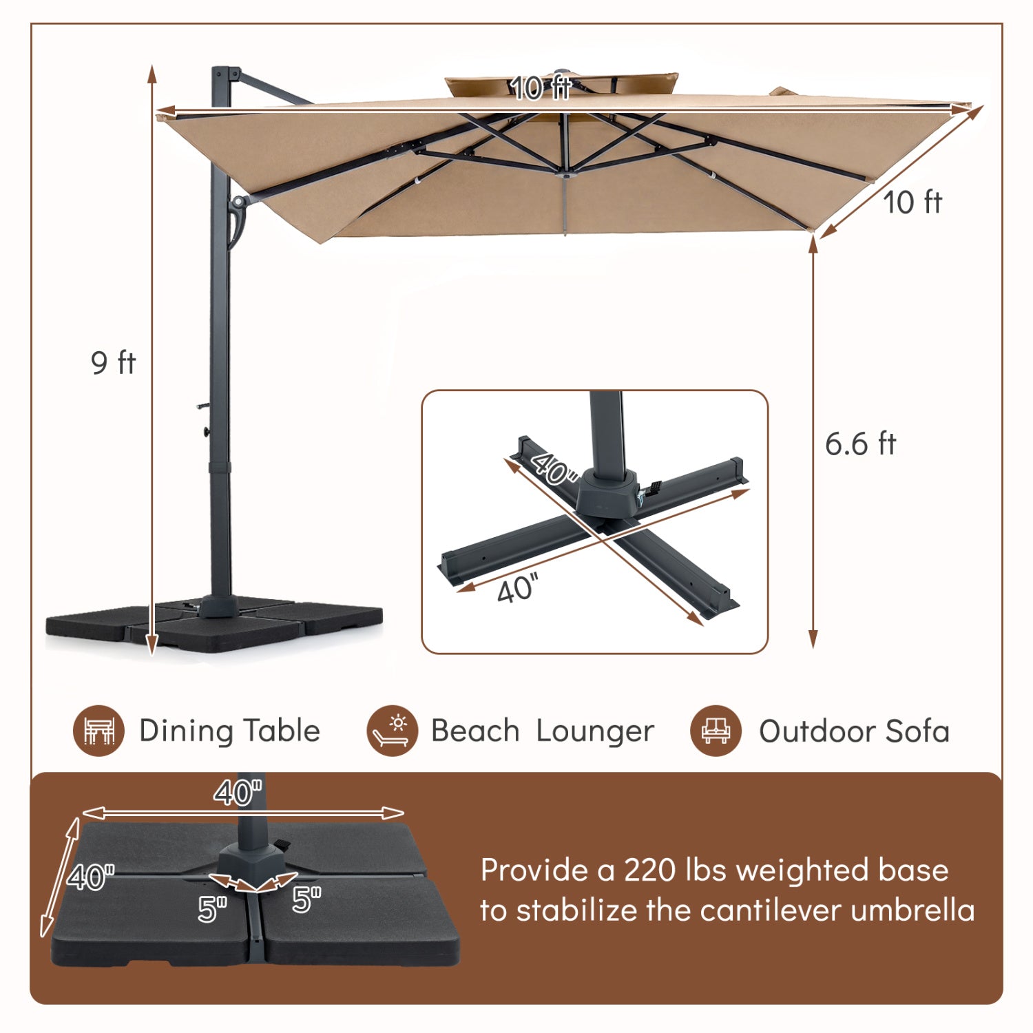 10 FT Aluminum Pole Patio Cantilever Umbrella with 220 LBS Base, Brown Outdoor Umbrellas at Gallery Canada