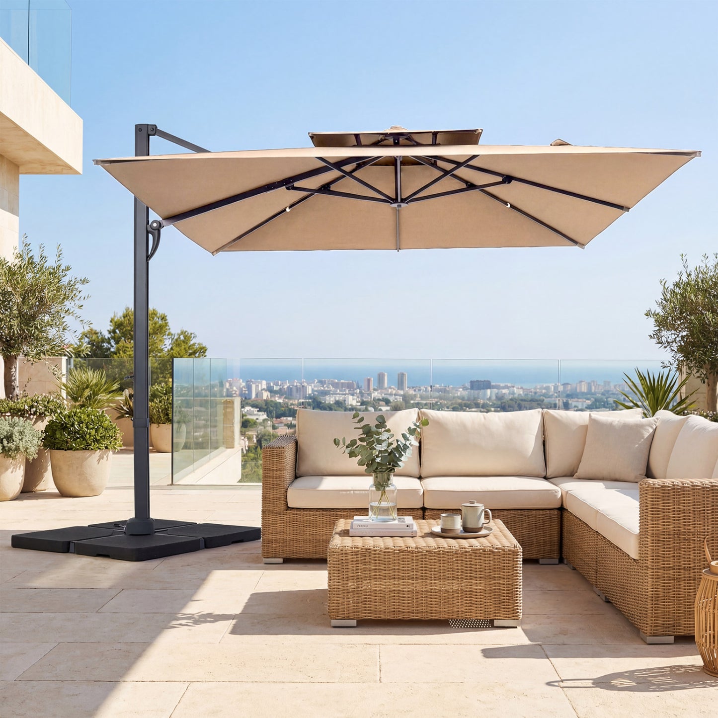 10 FT Aluminum Pole Patio Cantilever Umbrella with 220 LBS Base, Brown Outdoor Umbrellas at Gallery Canada