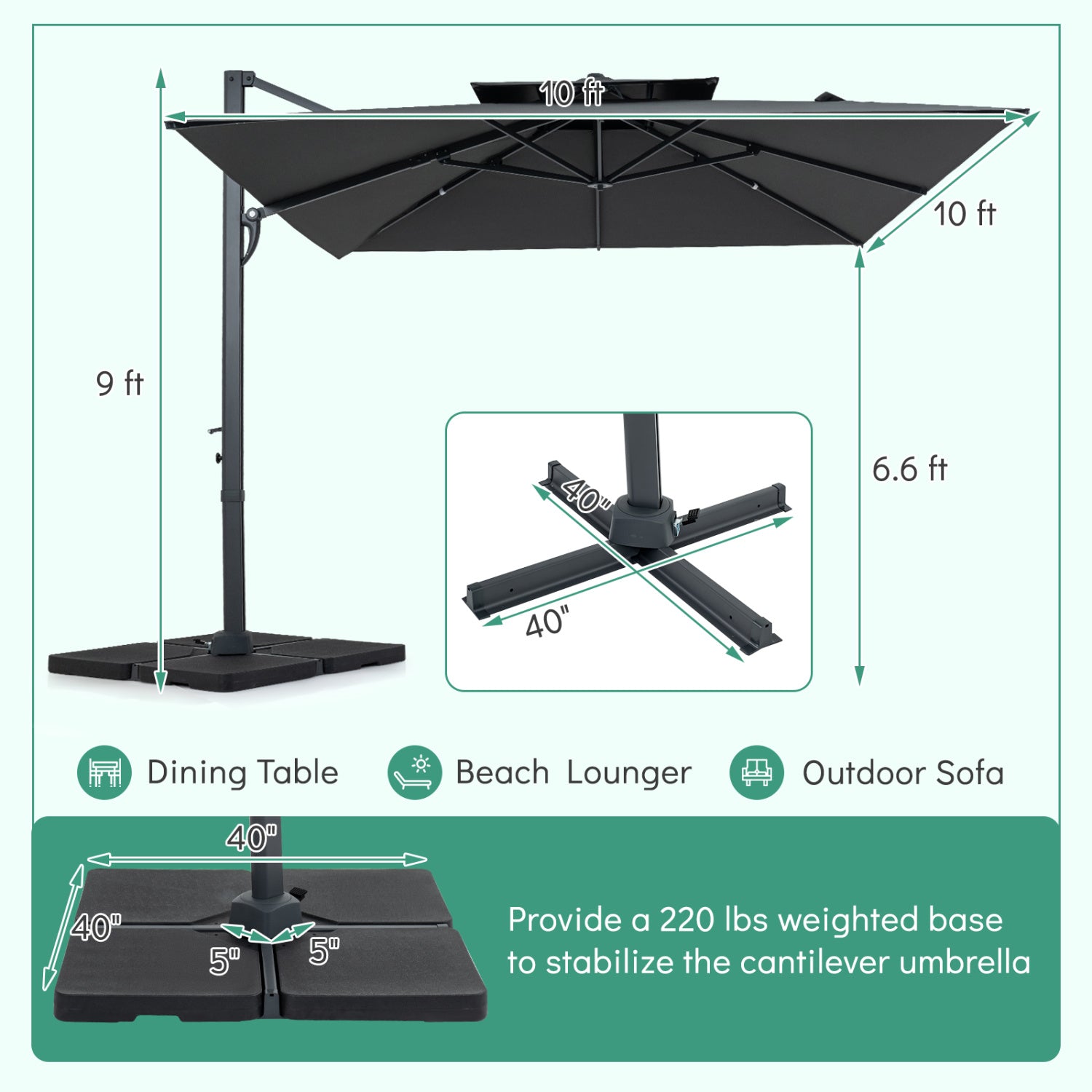 10 FT Aluminum Pole Patio Cantilever Umbrella with 220 LBS Base, Gray Outdoor Umbrellas at Gallery Canada