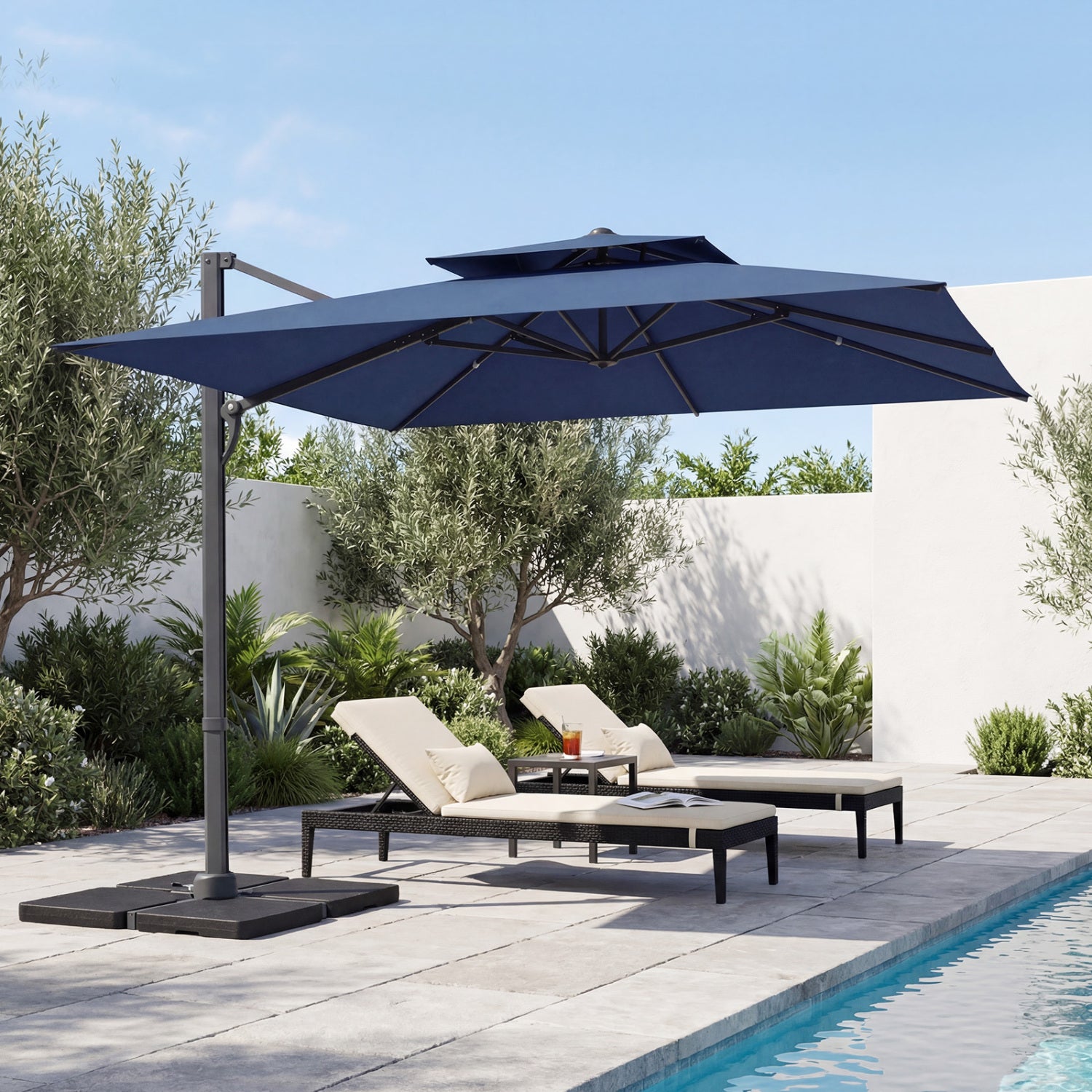 10 FT Aluminum Pole Patio Cantilever Umbrella with 220 LBS Base, Dark Blue Outdoor Umbrellas at Gallery Canada