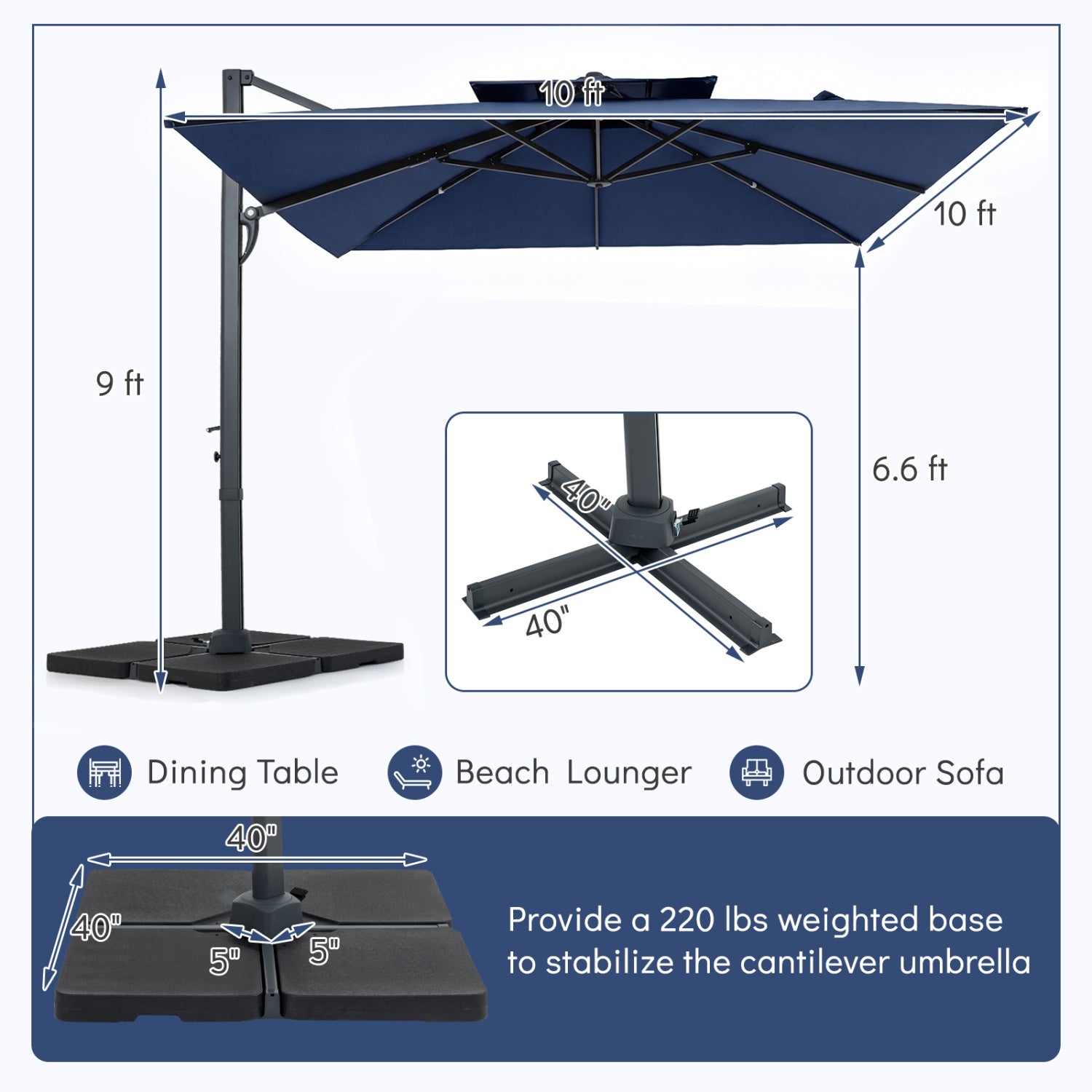 10 FT Aluminum Pole Patio Cantilever Umbrella with 220 LBS Base, Dark Blue Outdoor Umbrellas at Gallery Canada