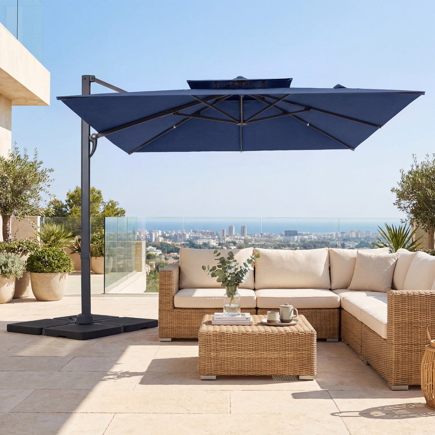 10 FT Aluminum Pole Patio Cantilever Umbrella with 220 LBS Base, Dark Blue Outdoor Umbrellas at Gallery Canada