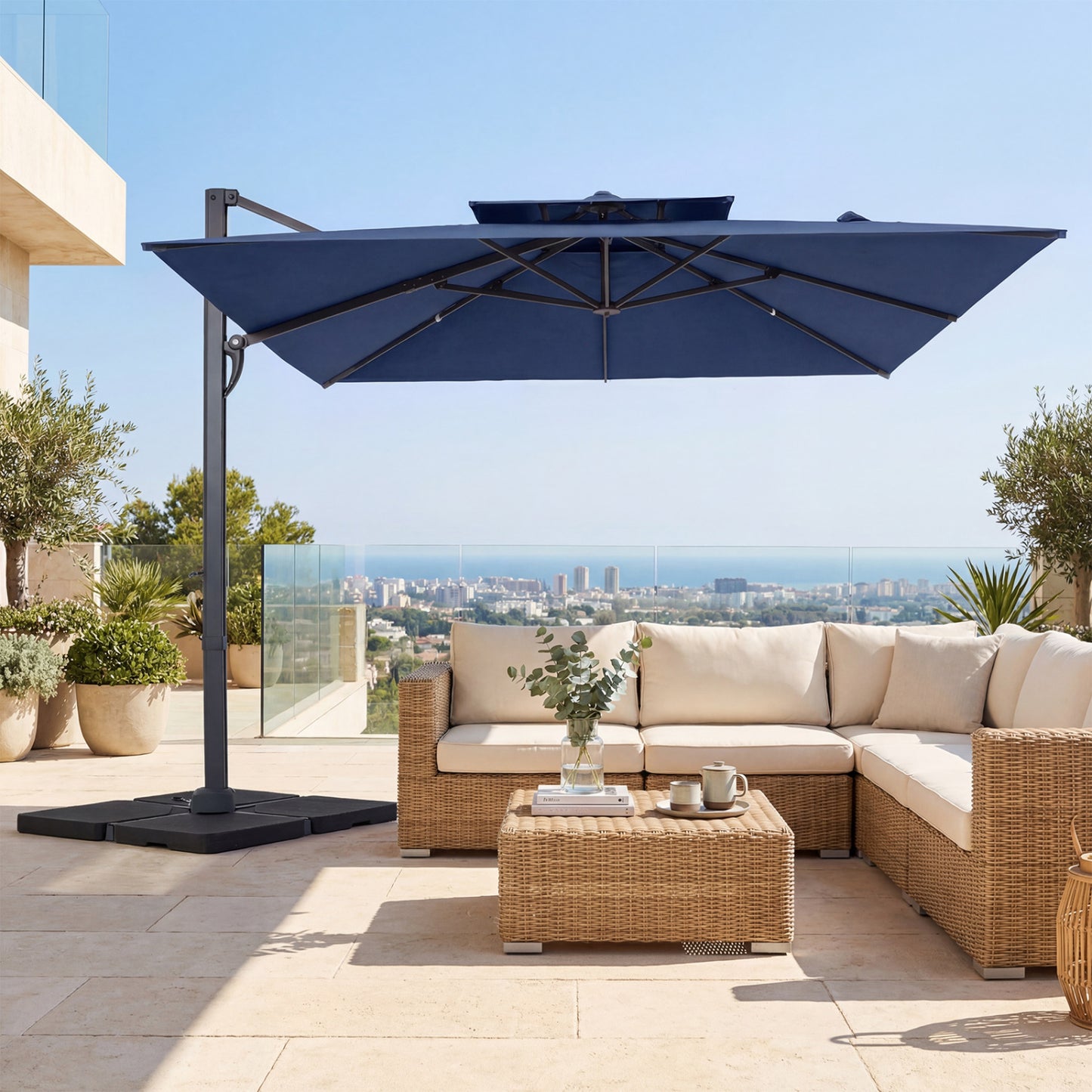 10 FT Aluminum Pole Patio Cantilever Umbrella with 220 LBS Base, Dark Blue Outdoor Umbrellas at Gallery Canada