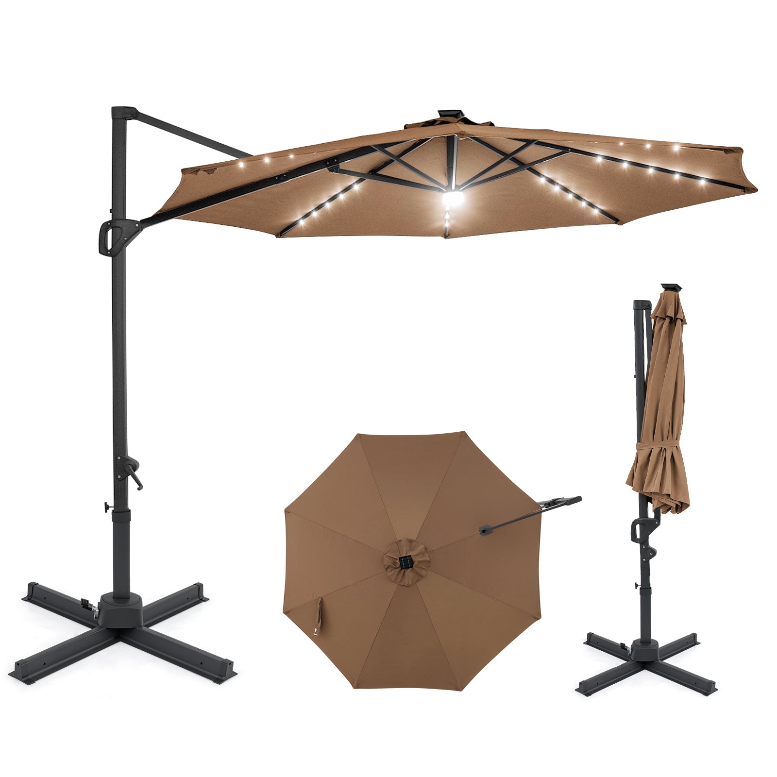 10 FT Cantilever Patio Umbrella, Solar LED Lights, 360° Rotation, Brown Outdoor Umbrellas Brown at Gallery Canada