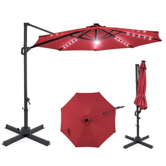 10 FT Cantilever Patio Umbrella, Solar LED Lights, 360° Rotation, Wine Outdoor Umbrellas Wine at Gallery Canada
