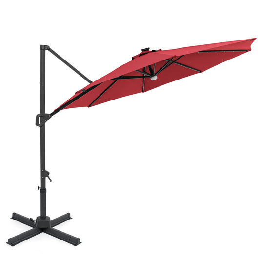 10 FT Cantilever Patio Umbrella, Solar LED Lights, 360° Rotation, Wine Outdoor Umbrellas Wine at Gallery Canada