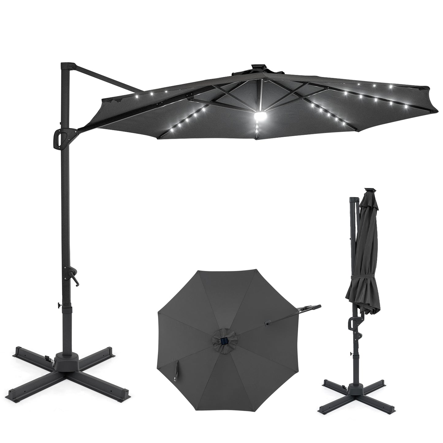 10 FT Cantilever Patio Umbrella, Solar LED Lights, 360° Rotation, Gray Outdoor Umbrellas Gray at Gallery Canada