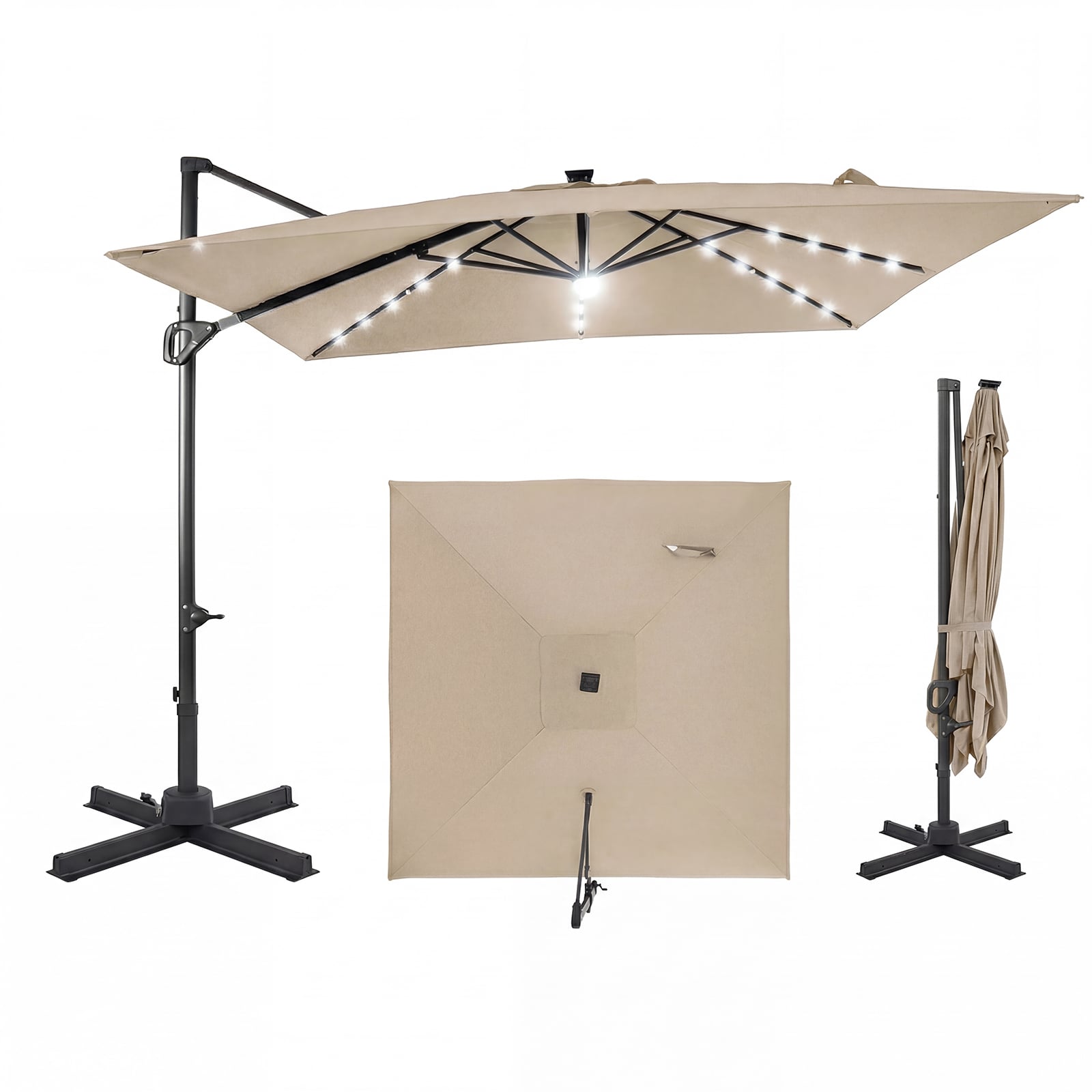 10 FT Cantilever Patio Umbrella with Solar LED Lights, Beige Outdoor Umbrellas at Gallery Canada