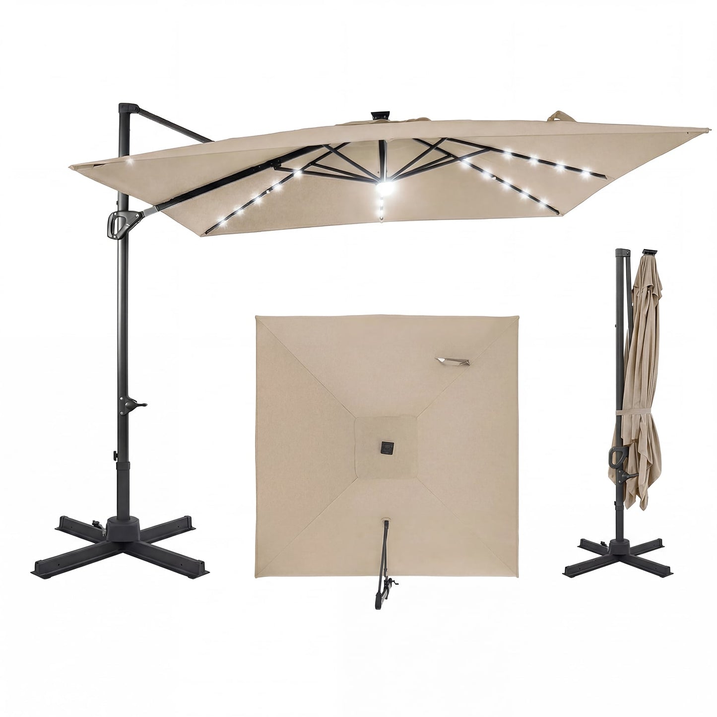 10 FT Cantilever Patio Umbrella with Solar LED Lights, Beige Outdoor Umbrellas at Gallery Canada