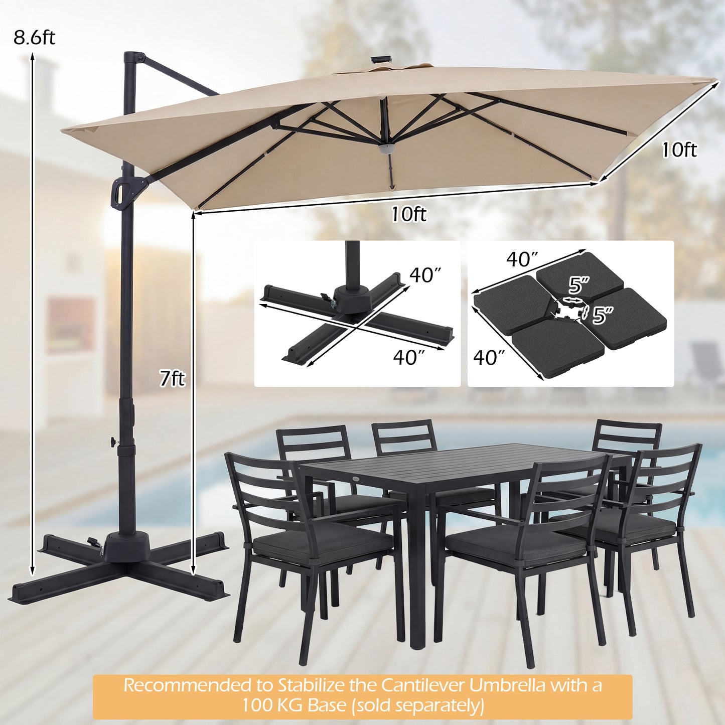 10 FT Cantilever Patio Umbrella with Solar LED Lights, Beige Outdoor Umbrellas at Gallery Canada