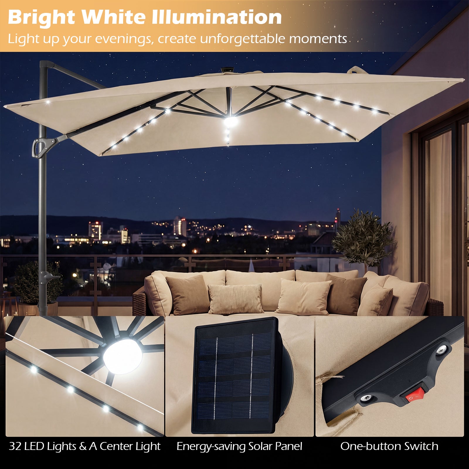 10 FT Cantilever Patio Umbrella with Solar LED Lights, Beige Outdoor Umbrellas at Gallery Canada
