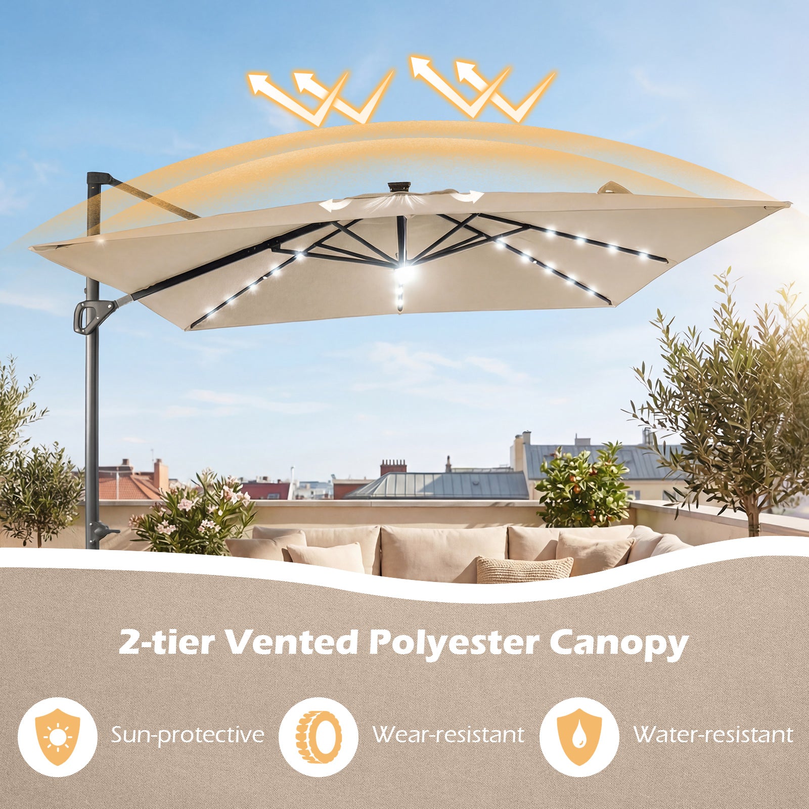 10 FT Cantilever Patio Umbrella with Solar LED Lights, Beige Outdoor Umbrellas at Gallery Canada