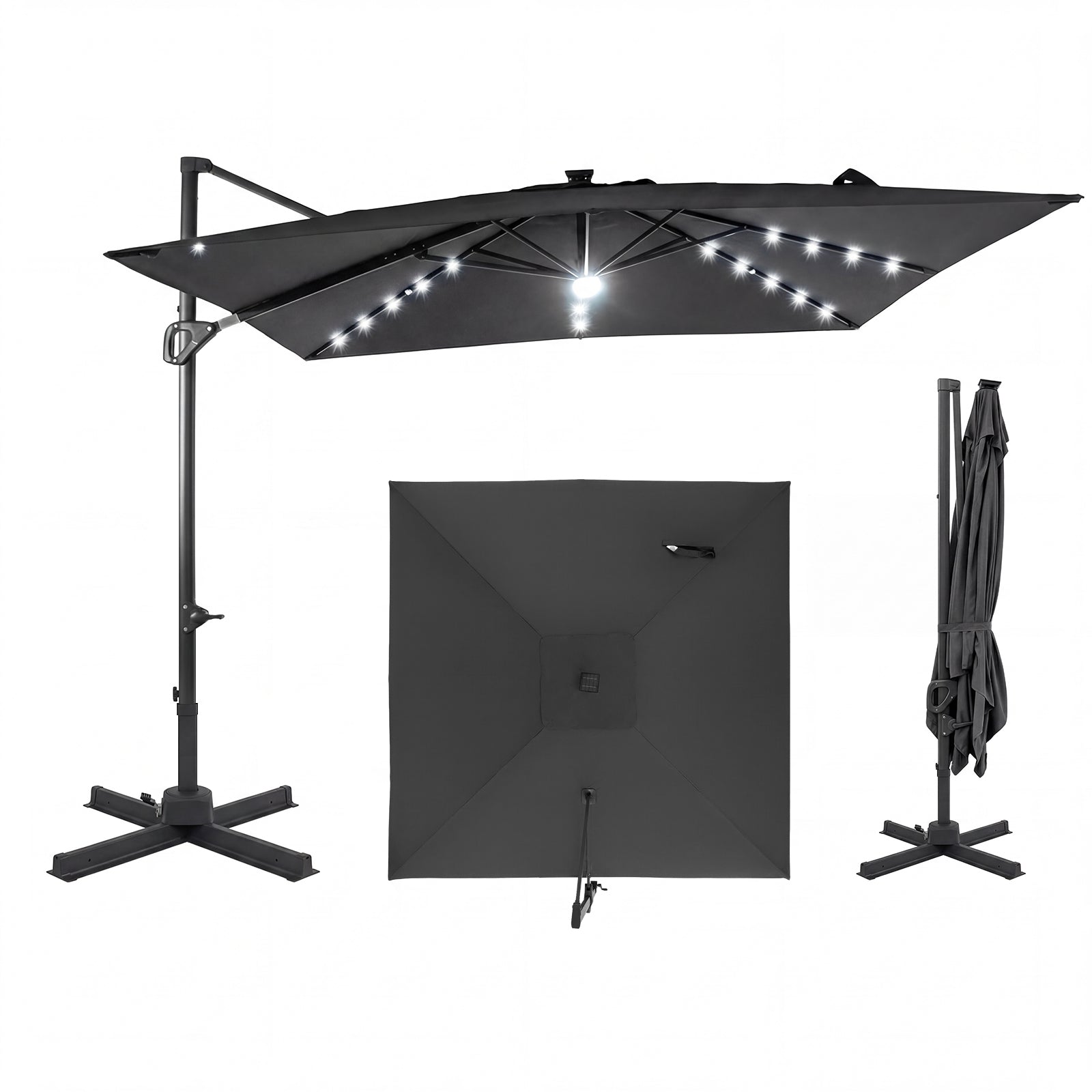 10 FT Cantilever Patio Umbrella With Solar LED Lights, Gray Outdoor Umbrellas Gray at Gallery Canada