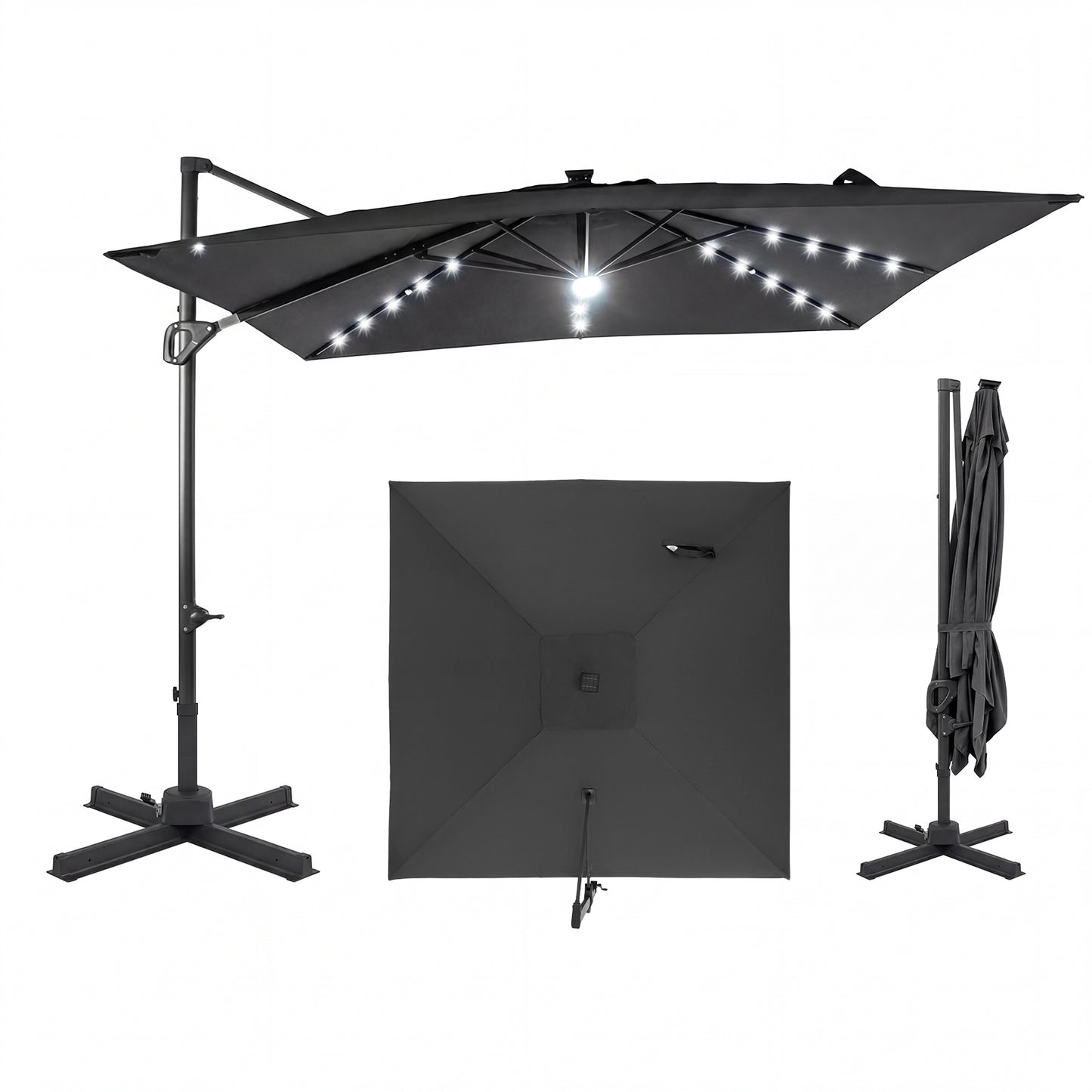 10 FT Cantilever Patio Umbrella With Solar LED Lights, Gray Outdoor Umbrellas Gray at Gallery Canada