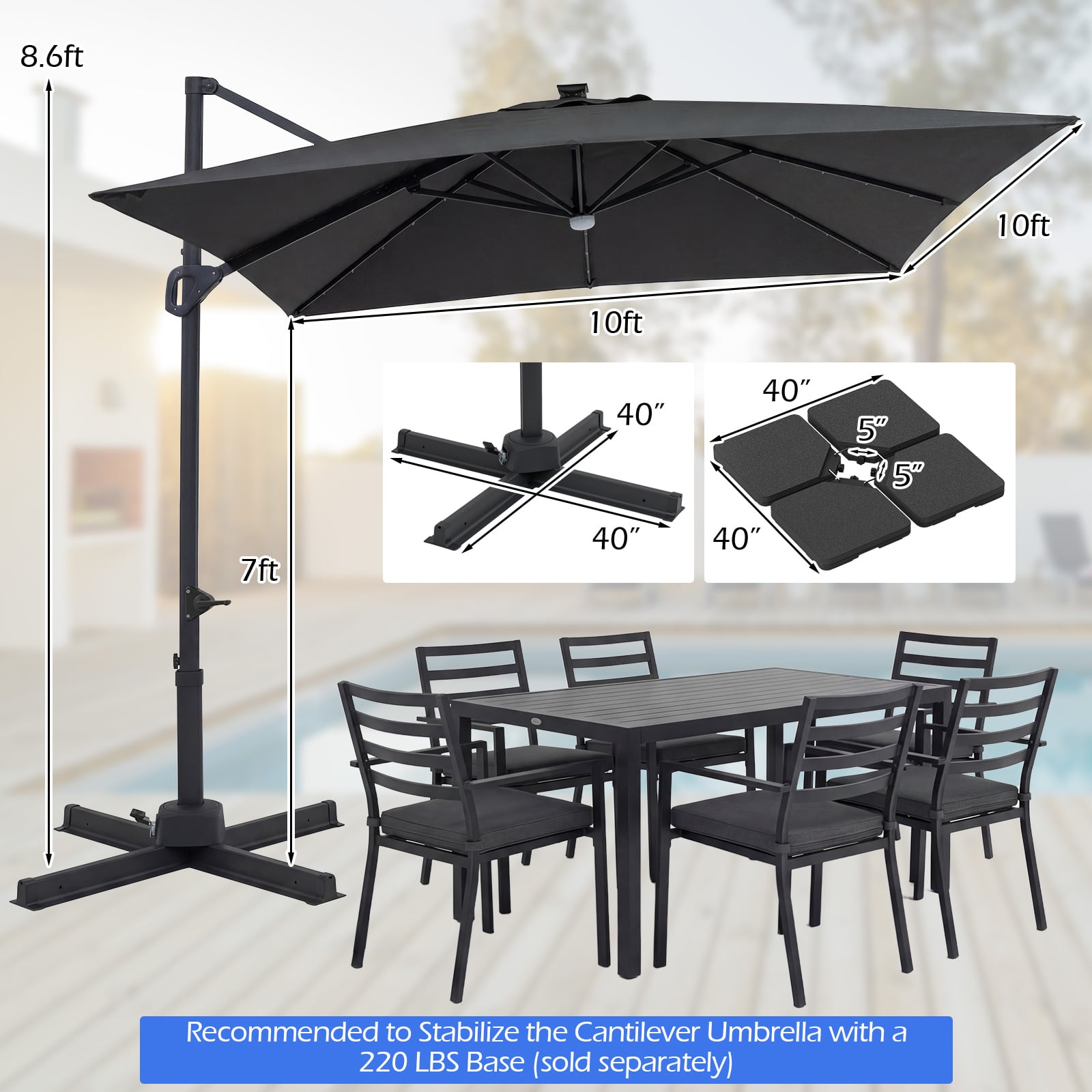 10 FT Cantilever Patio Umbrella With Solar LED Lights, Gray Outdoor Umbrellas at Gallery Canada