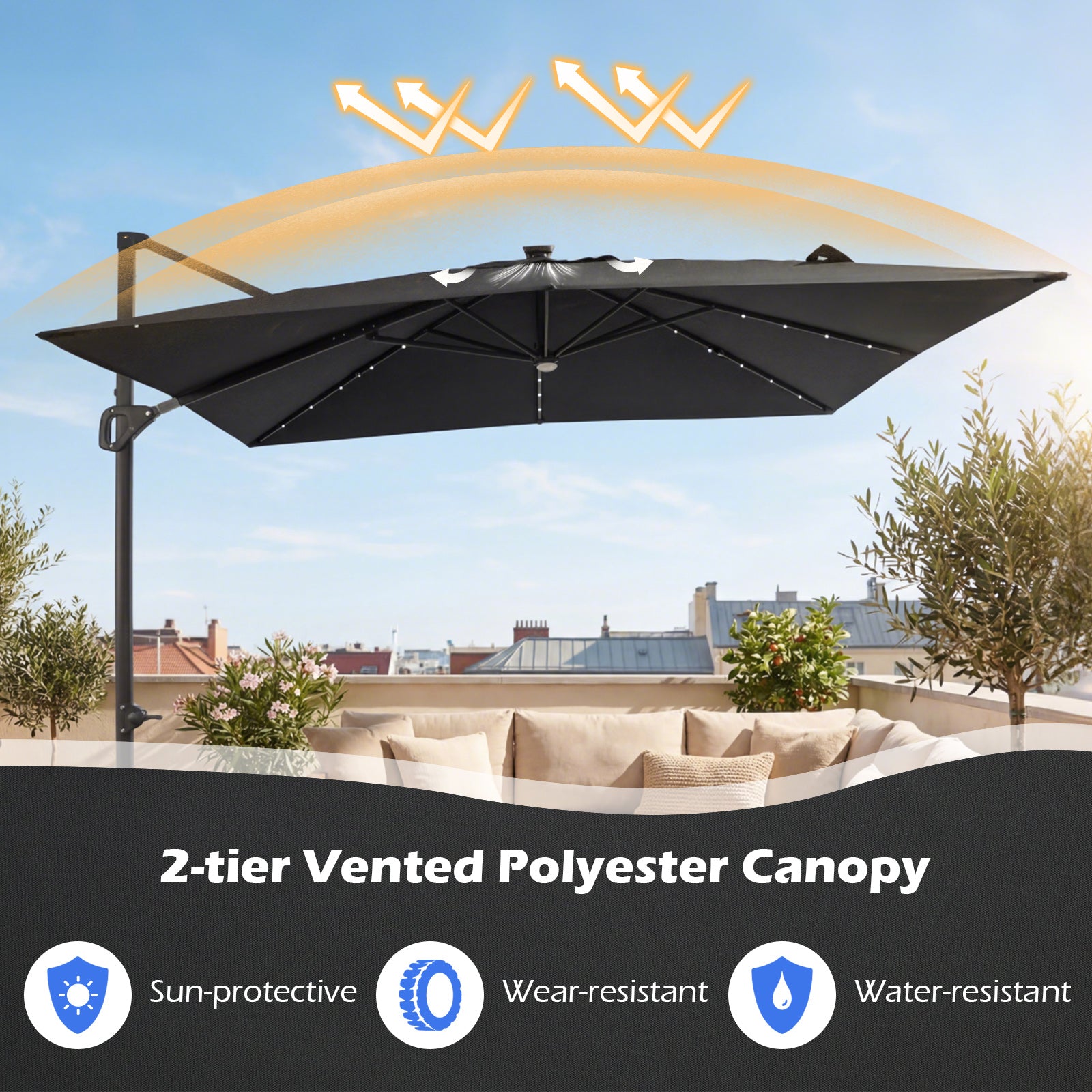 10 FT Cantilever Patio Umbrella With Solar LED Lights, Gray Outdoor Umbrellas at Gallery Canada