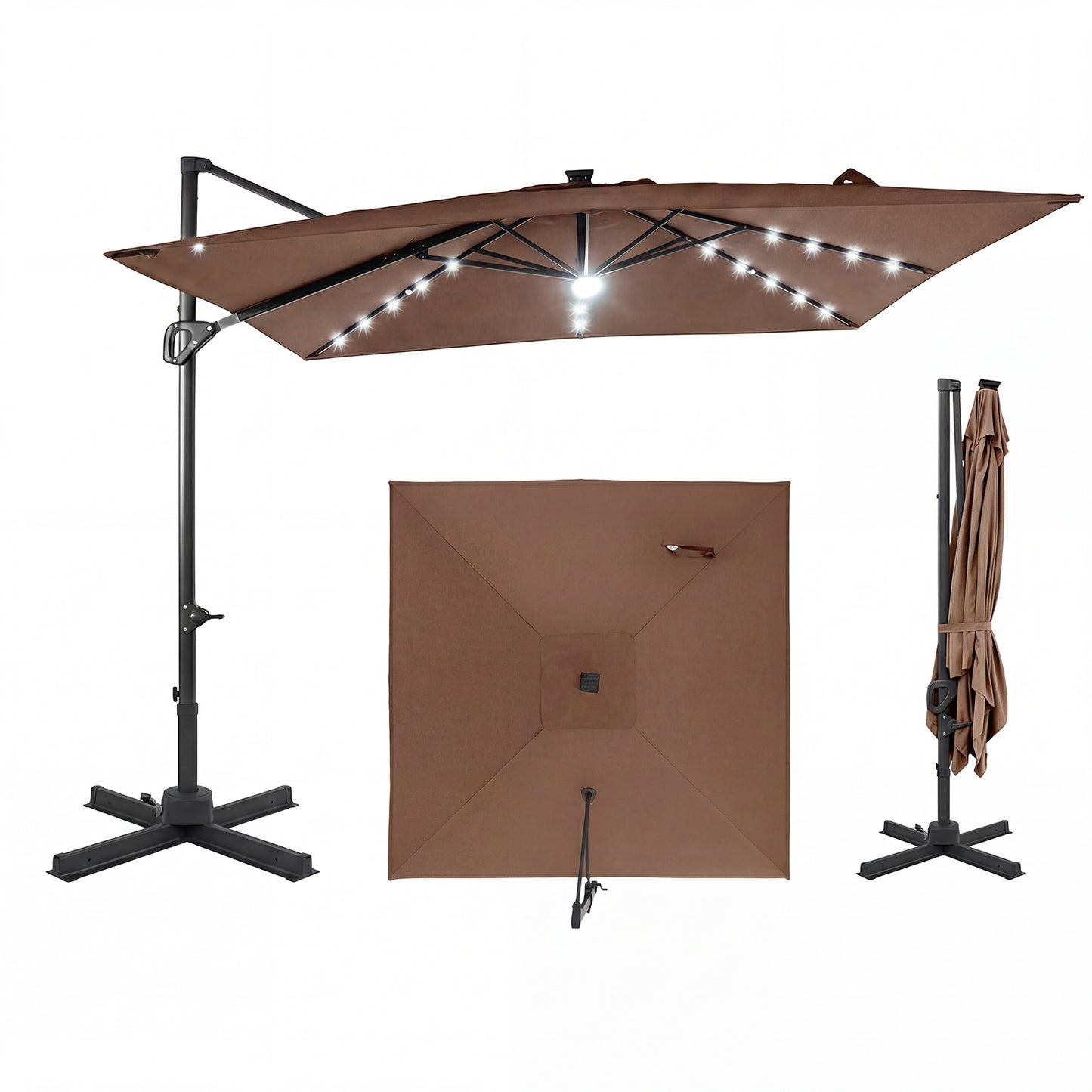 10 FT Cantilever Patio Umbrella, Solar LED Lights, Brown Outdoor Umbrellas at Gallery Canada