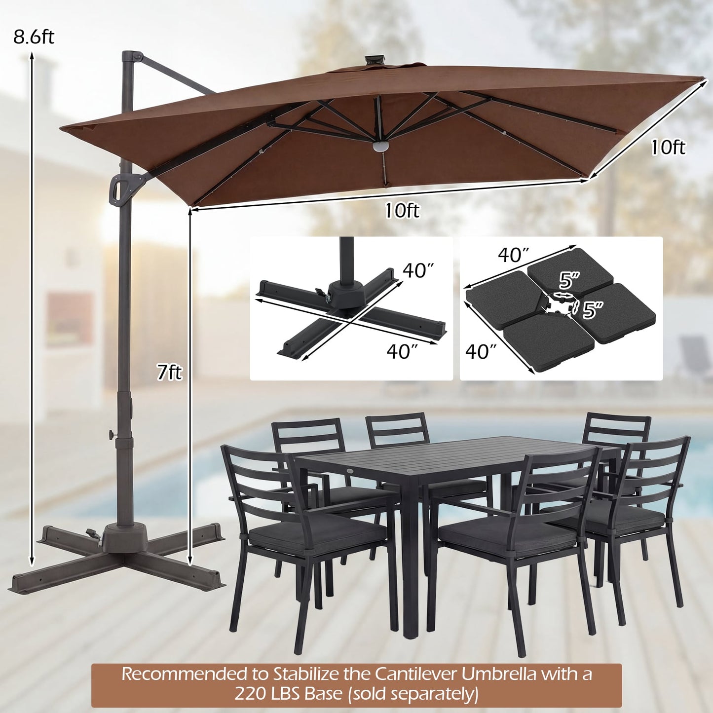 10 FT Cantilever Patio Umbrella, Solar LED Lights, Brown Outdoor Umbrellas at Gallery Canada