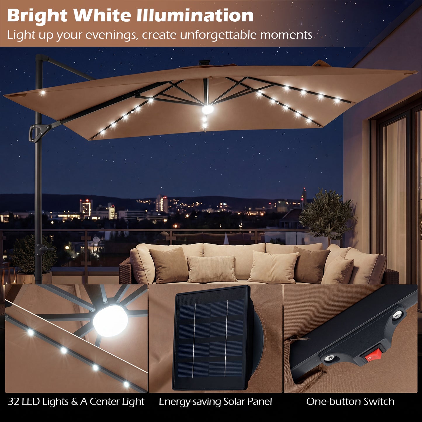 10 FT Cantilever Patio Umbrella, Solar LED Lights, Brown Outdoor Umbrellas at Gallery Canada