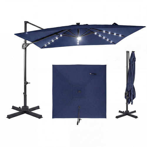 10 FT Cantilever Patio Umbrella, Solar LED Lights, Blue