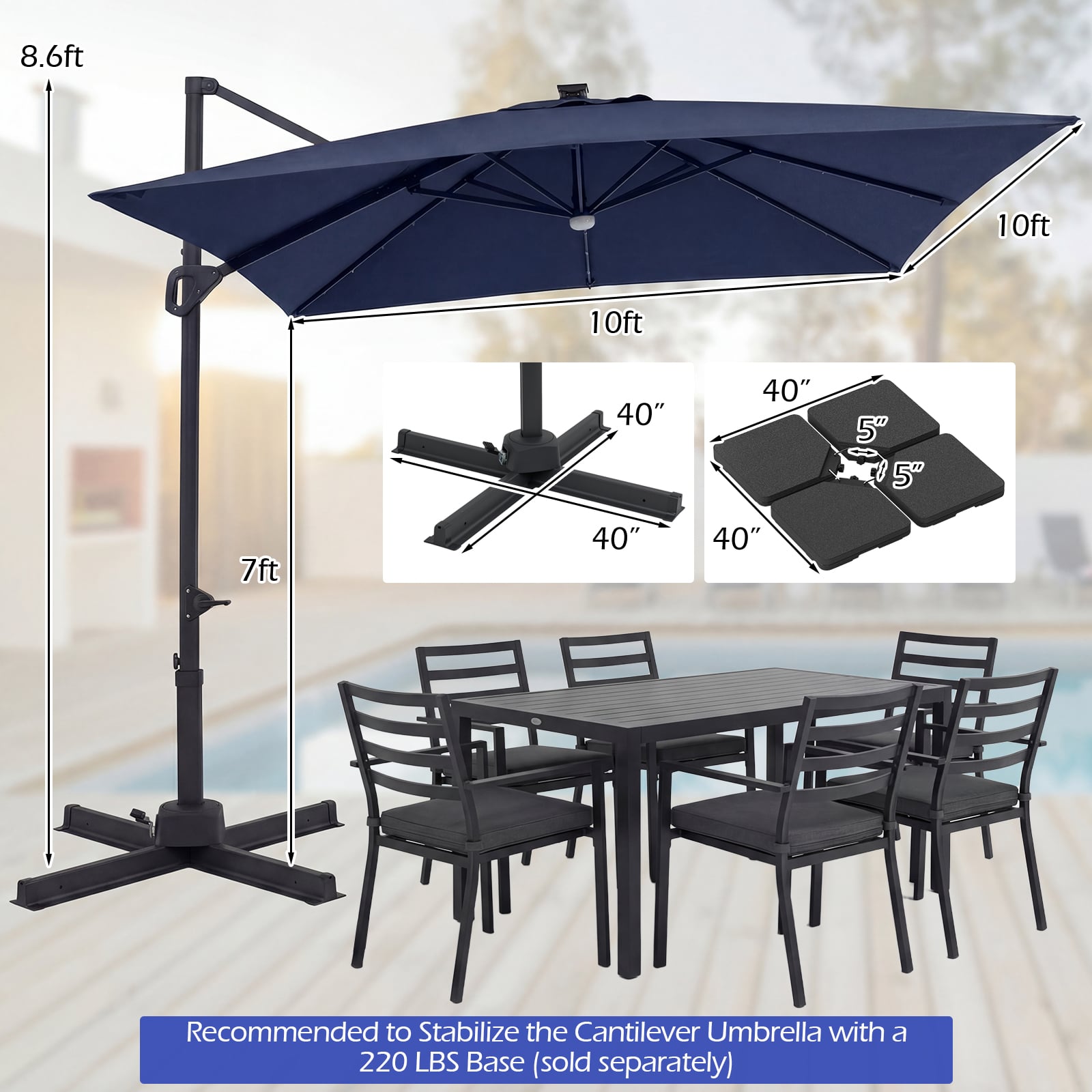 10 FT Cantilever Patio Umbrella, Solar LED Lights, Blue Outdoor Umbrellas at Gallery Canada