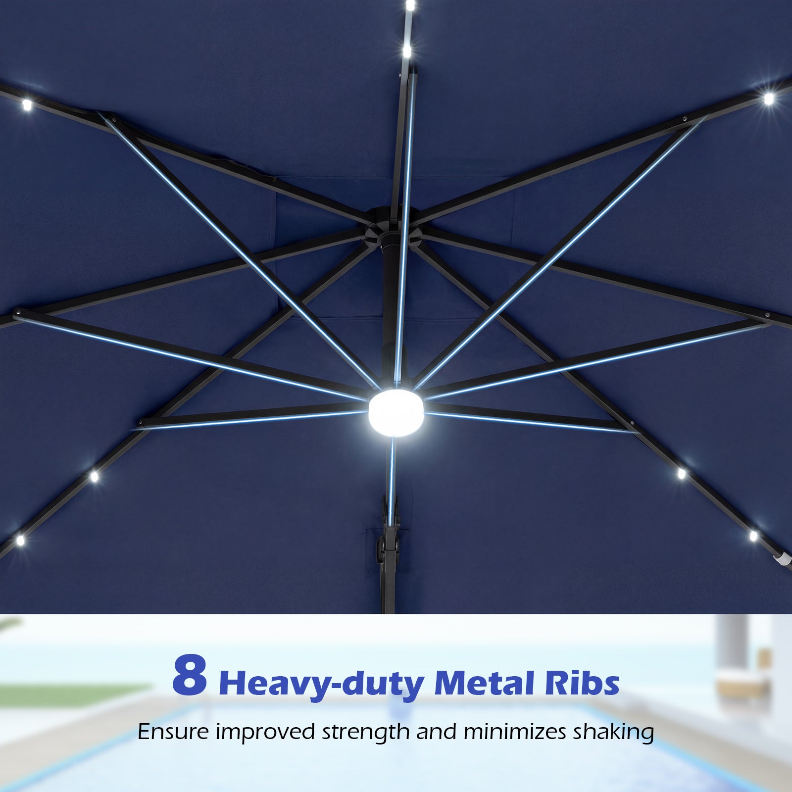 10 FT Cantilever Patio Umbrella, Solar LED Lights, Blue Outdoor Umbrellas at Gallery Canada