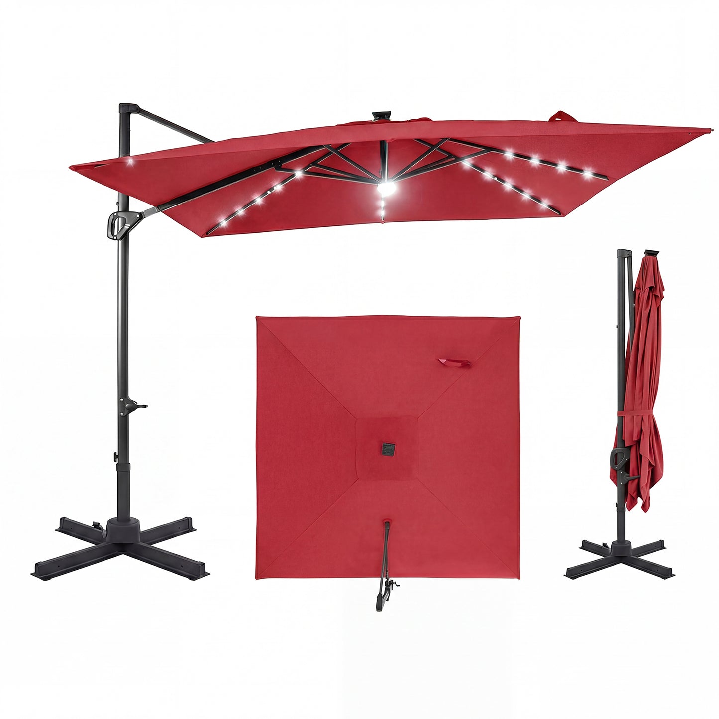 10 FT Cantilever Patio Umbrella, Solar LED Lights, Red Outdoor Umbrellas at Gallery Canada