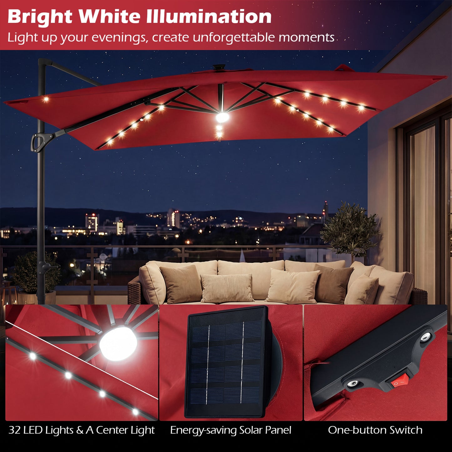 10 FT Cantilever Patio Umbrella, Solar LED Lights, Red Outdoor Umbrellas at Gallery Canada