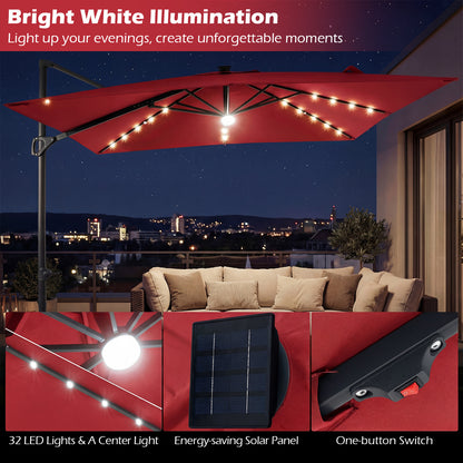 10 FT Cantilever Patio Umbrella, Solar LED Lights, Red Outdoor Umbrellas at Gallery Canada