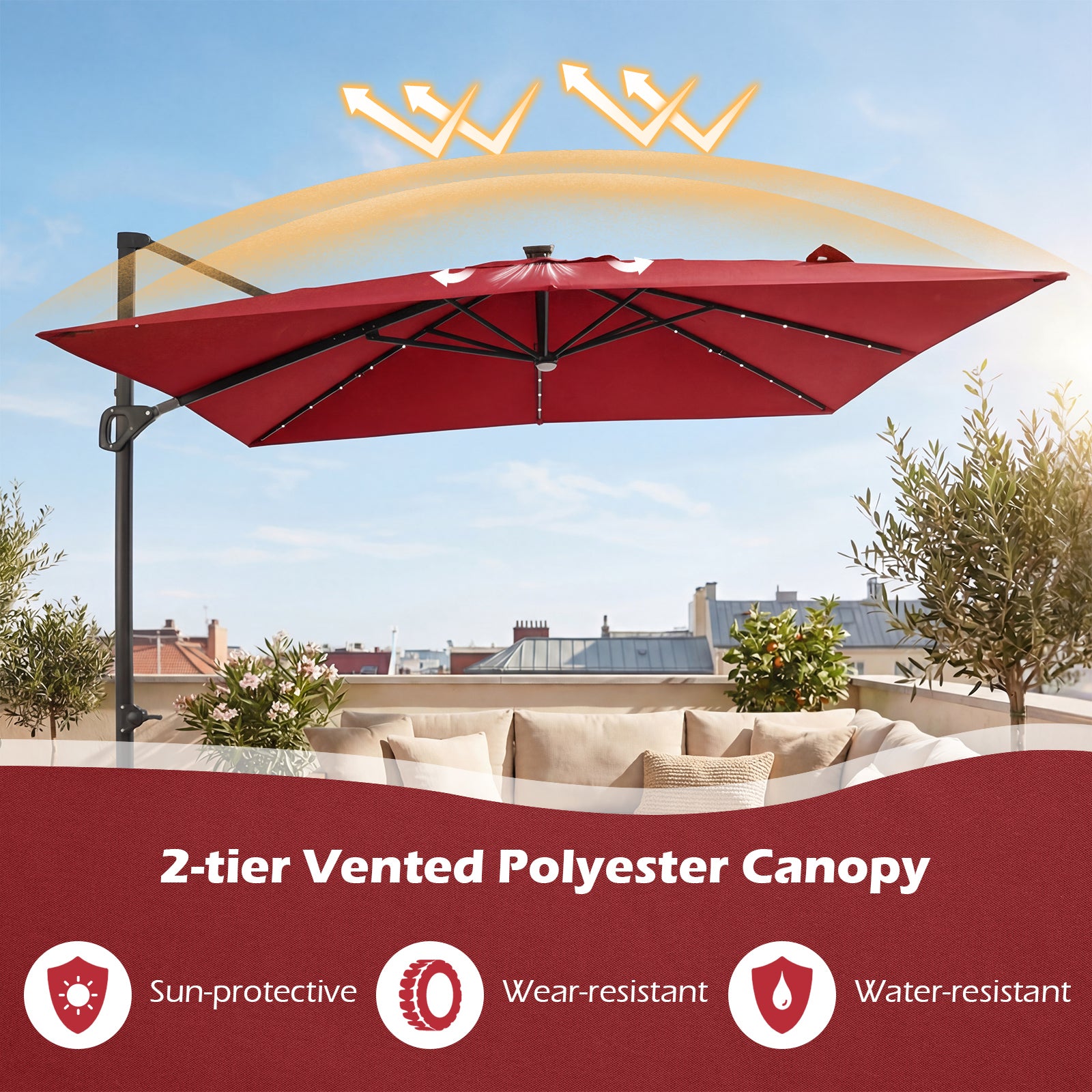 10 FT Cantilever Patio Umbrella, Solar LED Lights, Red Outdoor Umbrellas at Gallery Canada