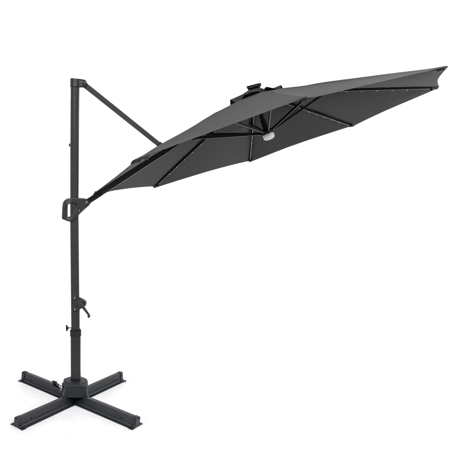 10 FT Cantilever Patio Umbrella, Solar LED Lights, 360° Rotation, Gray Outdoor Umbrellas at Gallery Canada