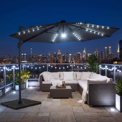 10 FT Cantilever Patio Umbrella, Solar LED Lights, 360° Rotation, Gray Outdoor Umbrellas at Gallery Canada