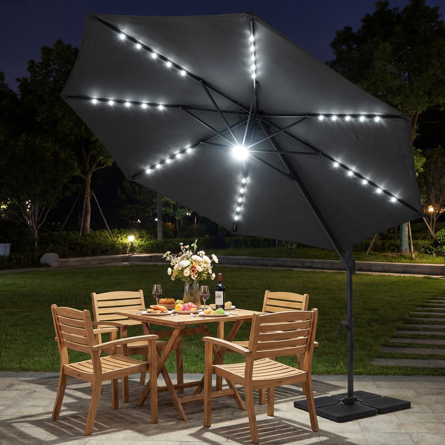 10 FT Cantilever Patio Umbrella, Solar LED Lights, 360° Rotation, Gray Outdoor Umbrellas at Gallery Canada