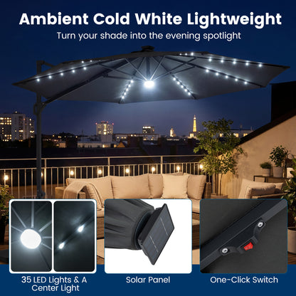 10 FT Cantilever Patio Umbrella, Solar LED Lights, 360° Rotation, Gray Outdoor Umbrellas at Gallery Canada