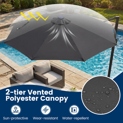 10 FT Cantilever Patio Umbrella, Solar LED Lights, 360° Rotation, Gray Outdoor Umbrellas at Gallery Canada