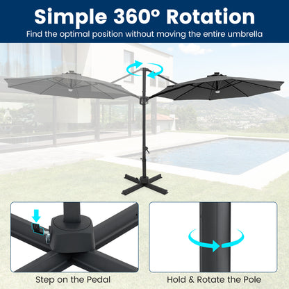 10 FT Cantilever Patio Umbrella, Solar LED Lights, 360° Rotation, Gray Outdoor Umbrellas at Gallery Canada