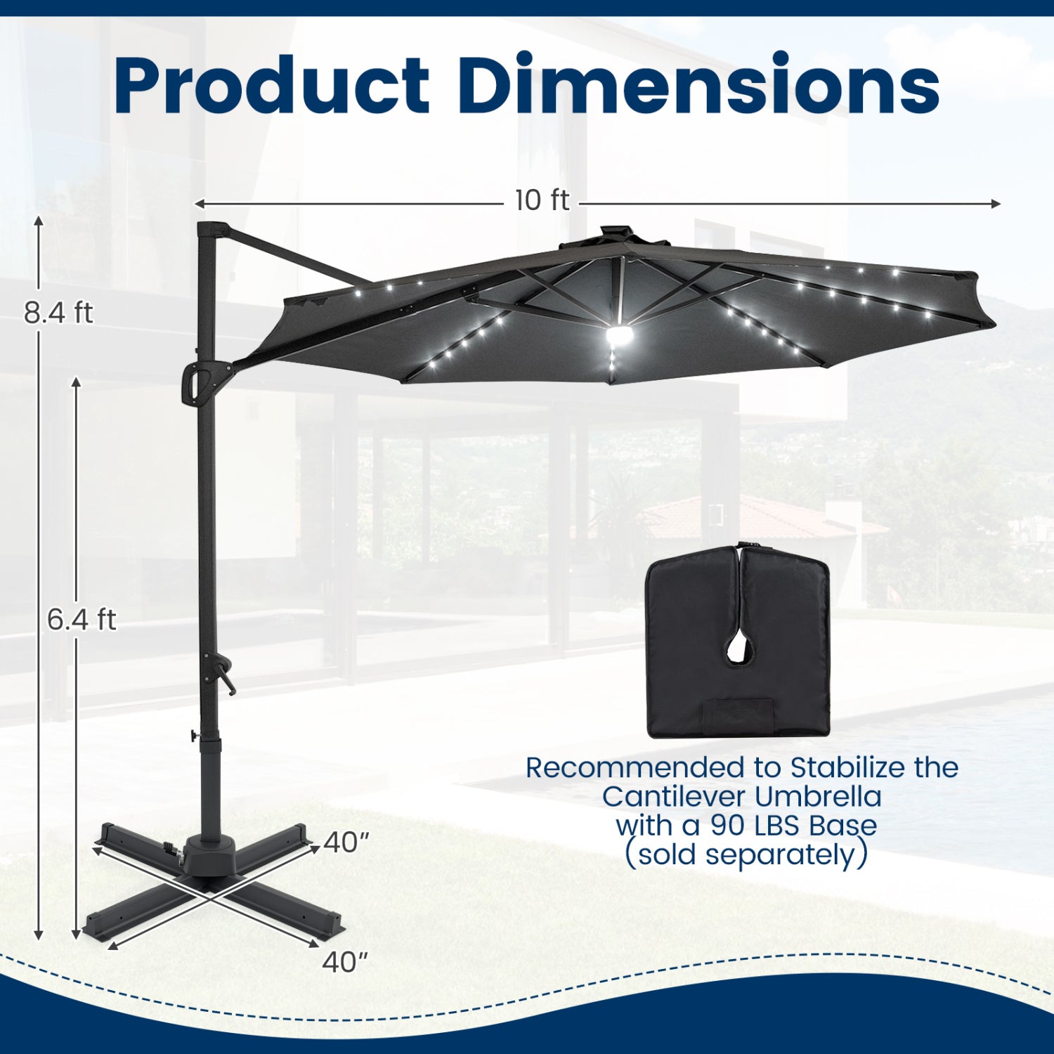 10 FT Cantilever Patio Umbrella, Solar LED Lights, 360° Rotation, Gray Outdoor Umbrellas at Gallery Canada