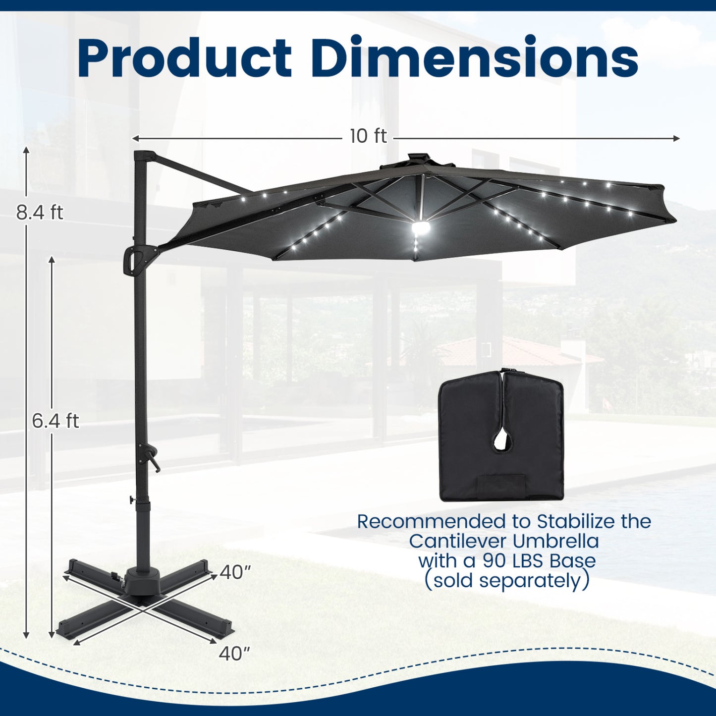 10 FT Cantilever Patio Umbrella, Solar LED Lights, 360° Rotation, Gray Outdoor Umbrellas at Gallery Canada