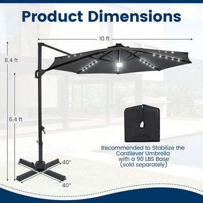 10 FT Cantilever Patio Umbrella, Solar LED Lights, 360° Rotation, Gray Outdoor Umbrellas at Gallery Canada