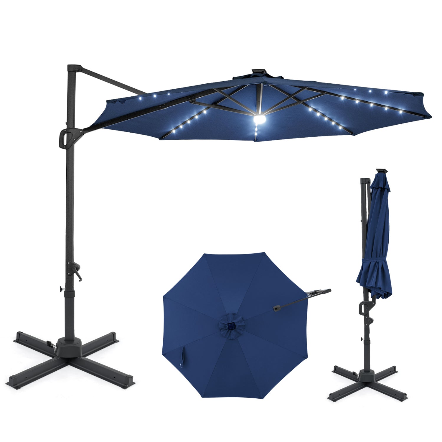 10 FT Cantilever Patio Umbrella, Solar LED Lights, 360° Rotation, Navy Outdoor Umbrellas Navy at Gallery Canada