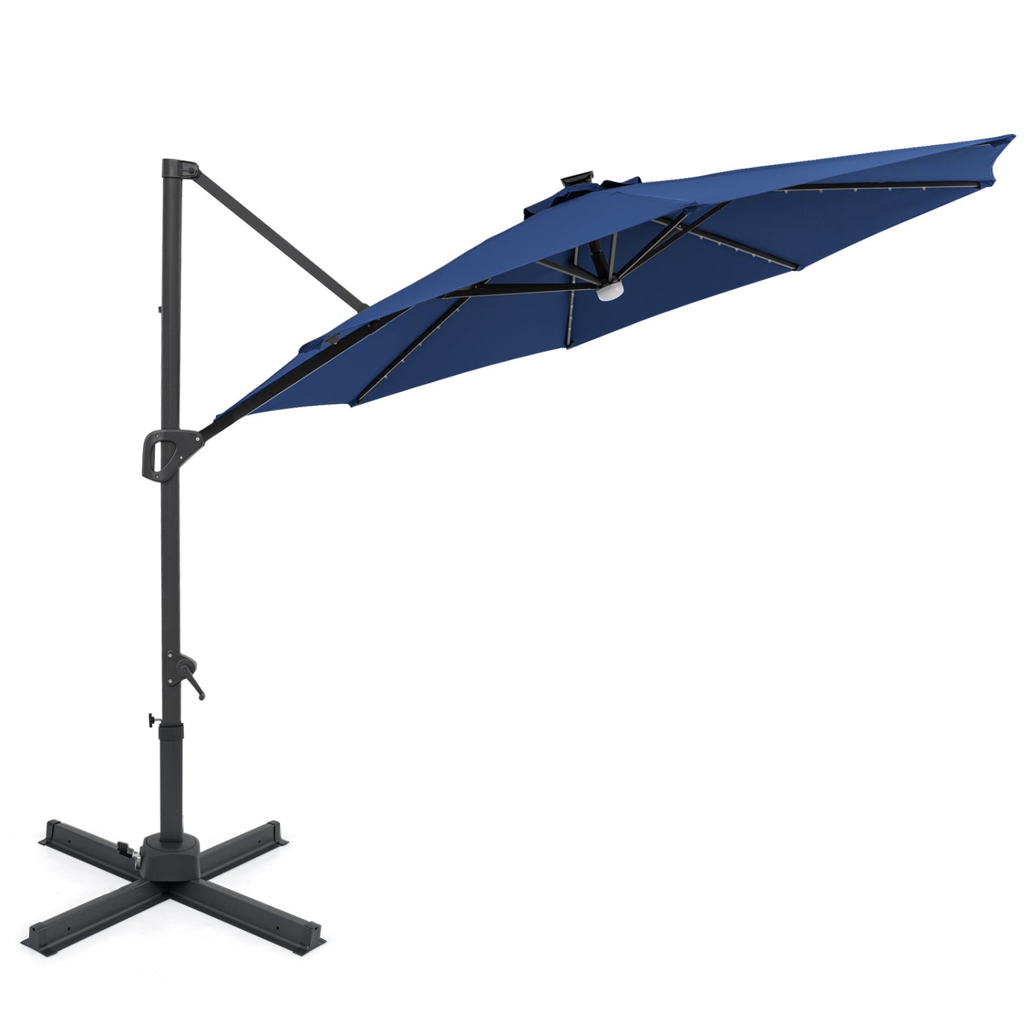 10 FT Cantilever Patio Umbrella, Solar LED Lights, 360° Rotation, Navy Outdoor Umbrellas at Gallery Canada